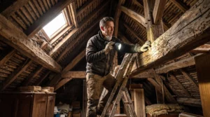 Un artisan inspecte les poutres d'une charpente à la lampe torche dans un grenier