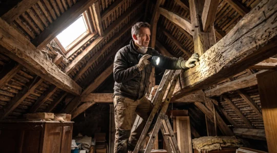 Un artisan inspecte les poutres d'une charpente à la lampe torche dans un grenier