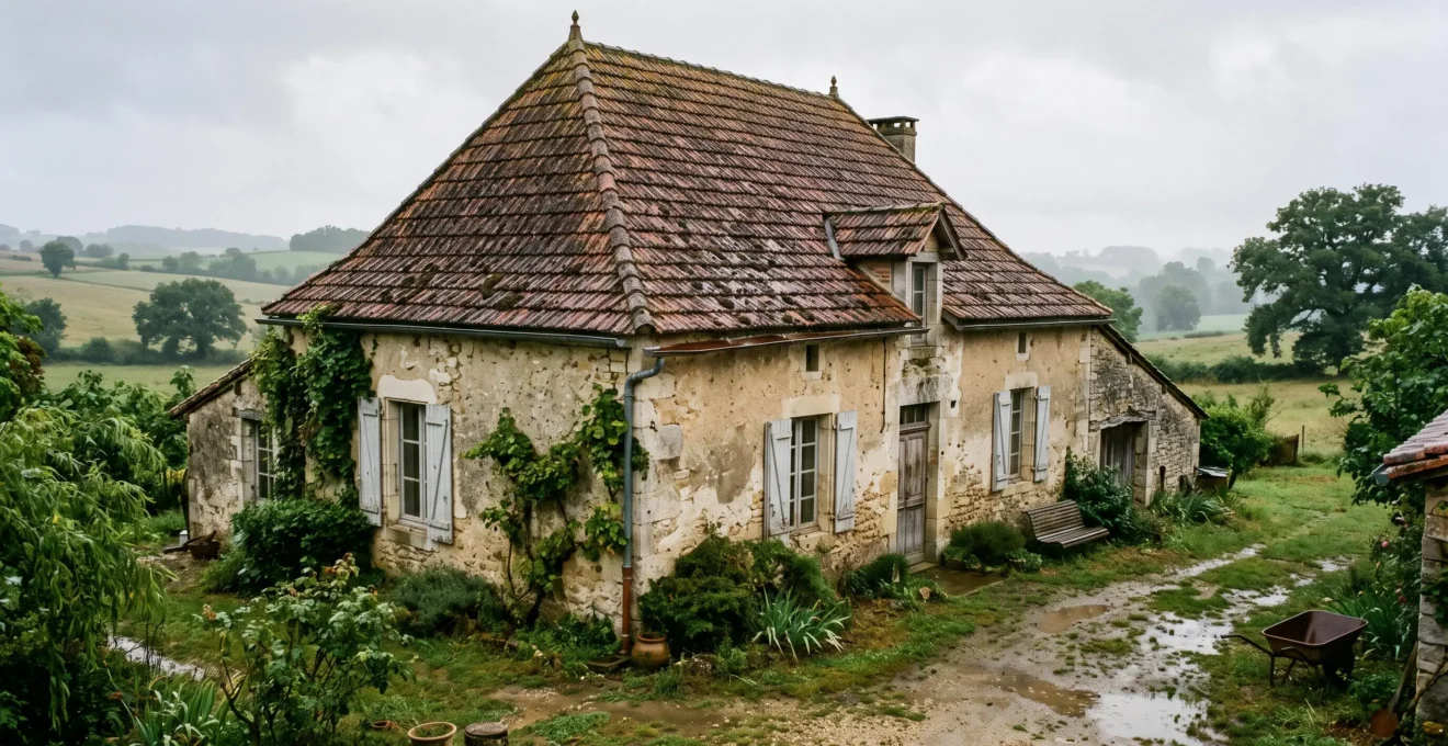 Maison française traditionnelle en pierre sous un ciel humide et couvert après la pluie
