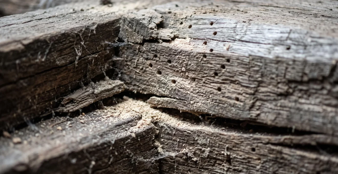 Gros plan sur une poutre en bois percée de petits trous et couverte de sciure fine