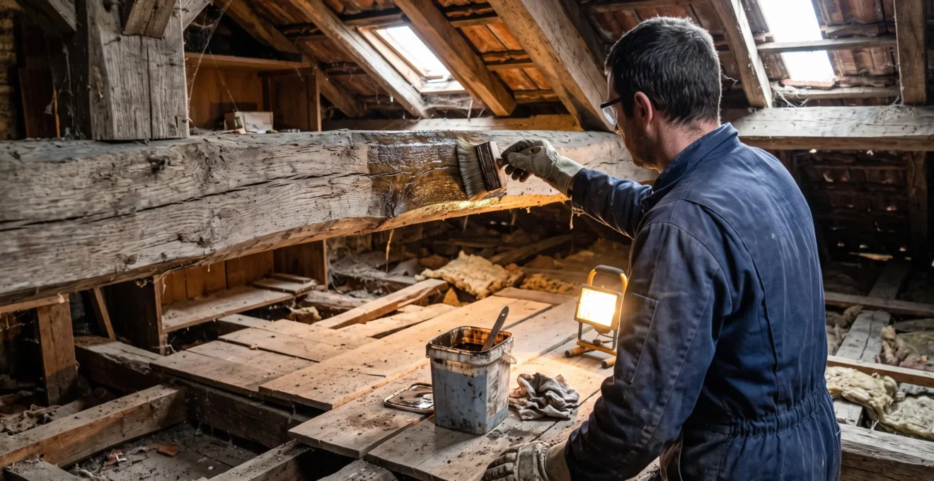 Un technicien applique un produit de traitement du bois au pinceau sur une poutre